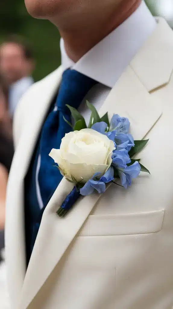 blue and white wedding flowers a dreamy palette of elegance Blue Thistle and White Lisianthus Boutonnieres