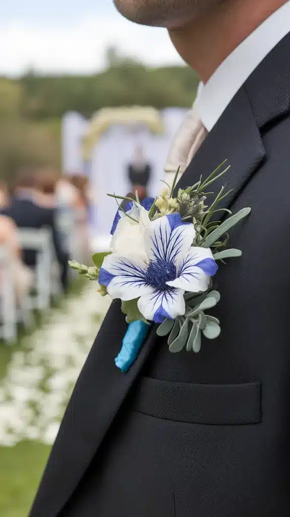 blue and white wedding flowers a dreamy palette of elegance Blue Thistle and White Lisianthus Boutonnieres