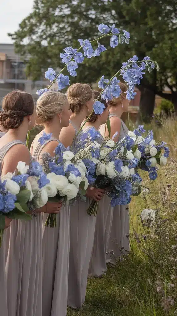 blue and white wedding flowers a dreamy palette of elegance Delphinium and White Ranunculus Bridesmaid Bouquets