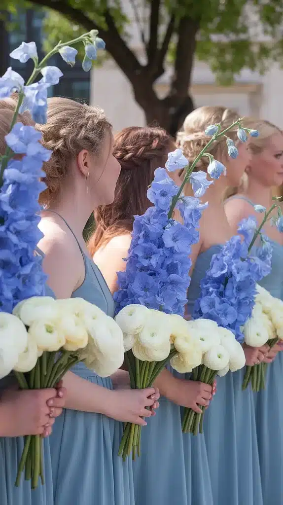 blue and white wedding flowers a dreamy palette of elegance Delphinium and White Ranunculus Bridesmaid Bouquets