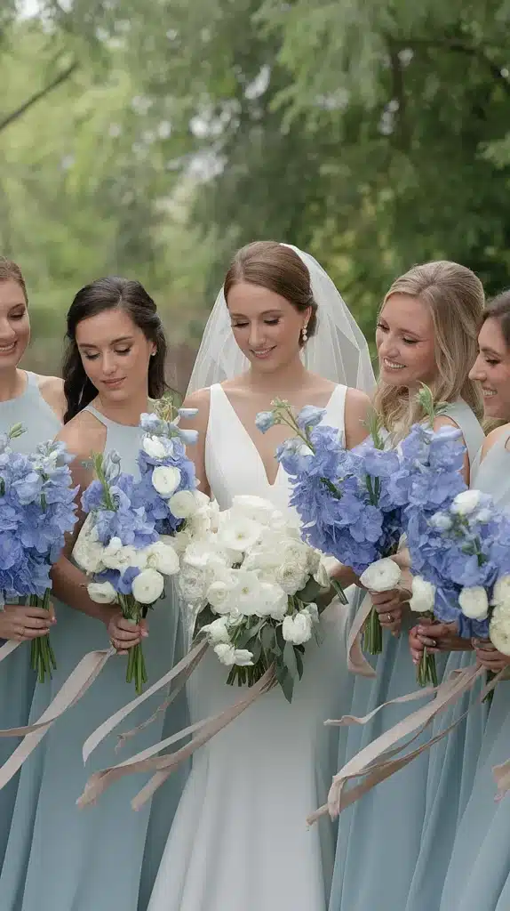 blue and white wedding flowers a dreamy palette of elegance Delphinium and White Ranunculus Bridesmaid Bouquets