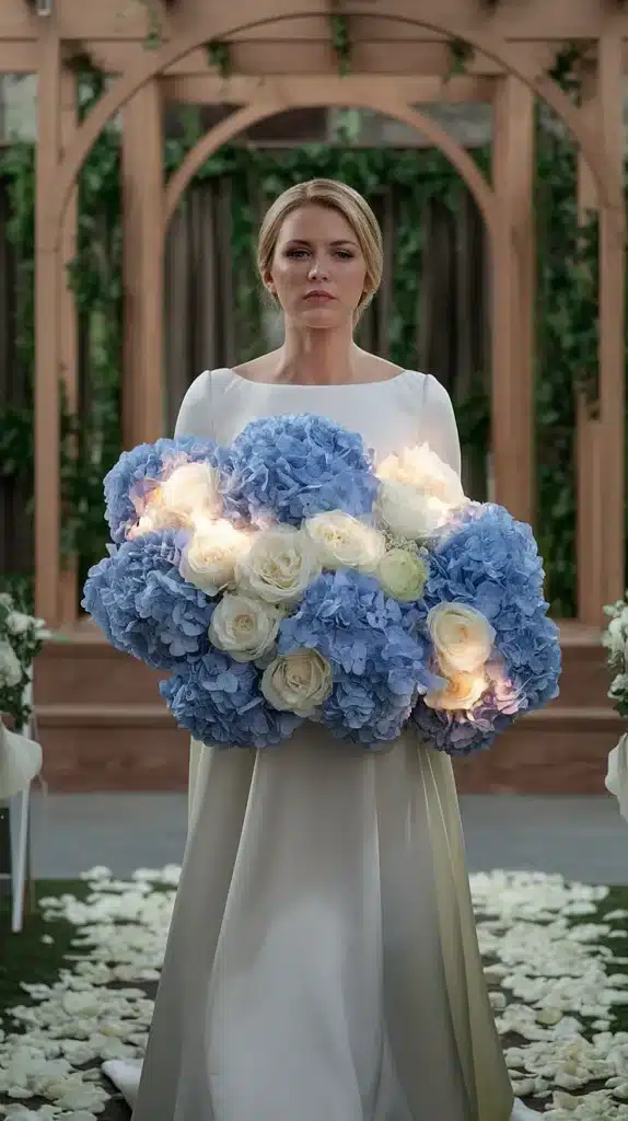 blue and white wedding flowers a dreamy palette of elegance Blue Hydrangea and White Rose Bridal Bouquet