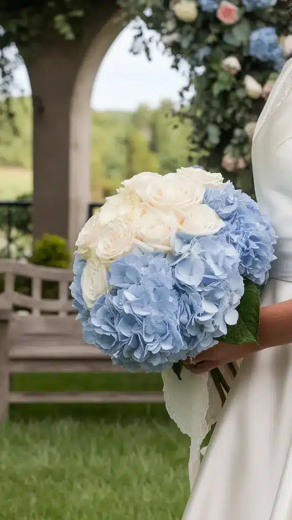 blue and white wedding flowers a dreamy palette of elegance Blue Hydrangea and White Rose Bridal Bouquet