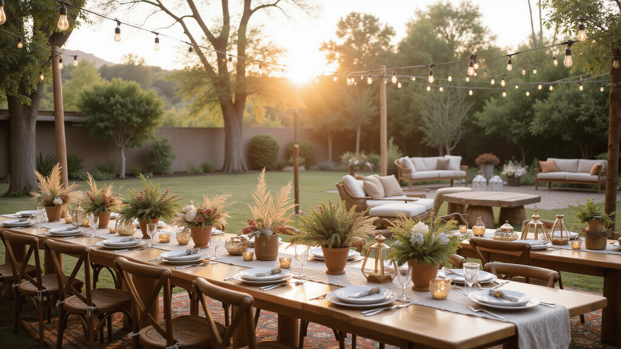 Wide-angle shot of a bohemian garden wedding at golden hour with natural sunlight filtering through string lights above wooden tables adorned with macramé, floral arrangements, and terracotta vessels. Scattered Persian rugs, rattan furniture, and copper lanterns set the scene, while dreamcatchers and brass candleholders add warm lighting. Earth tones and bokeh enhance the ambiance.