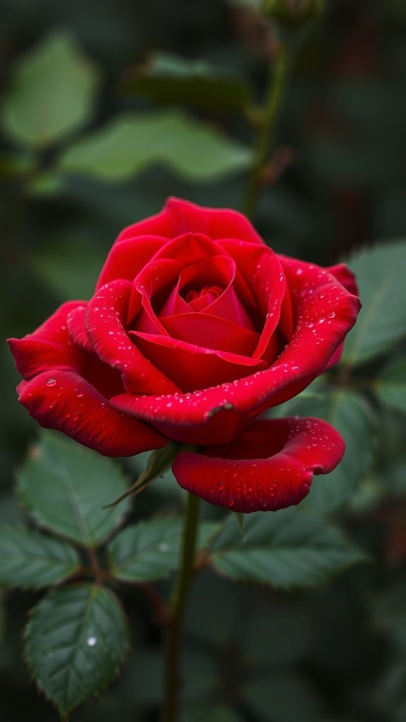 50 Stunning Flower Phone Wallpapers to Brighten Your Screen A bold red rose with water droplets on its petals, set against a blurred green background.