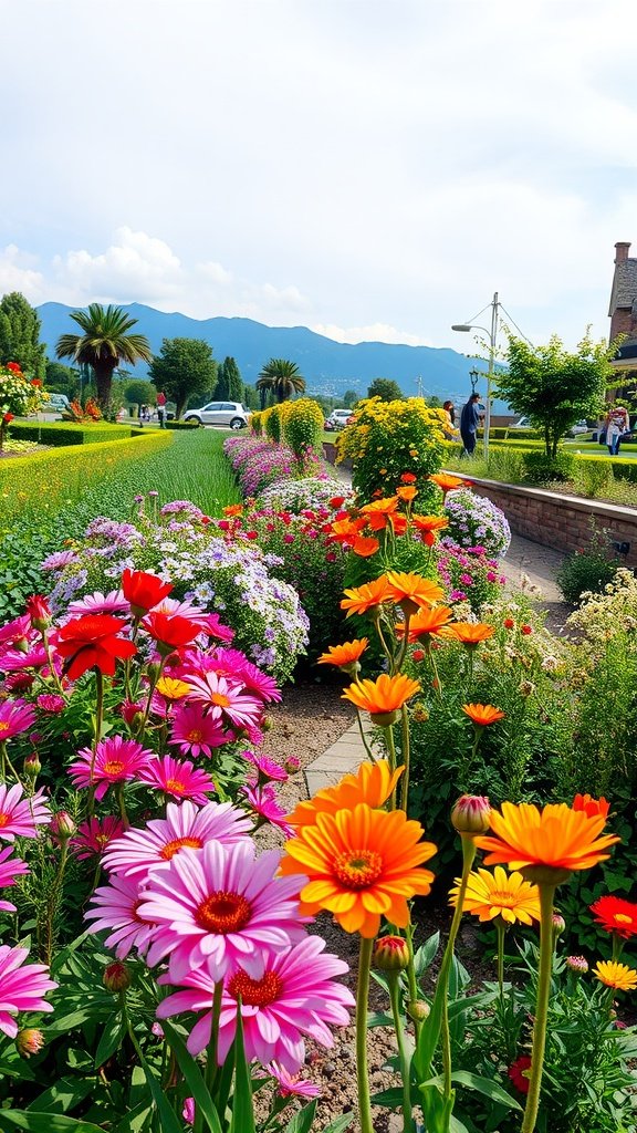 50 Stunning Flower Phone Wallpapers to Brighten Your Screen A bright flower garden with various flowers including pink, orange, and red blooms, surrounded by greenery and distant mountains.