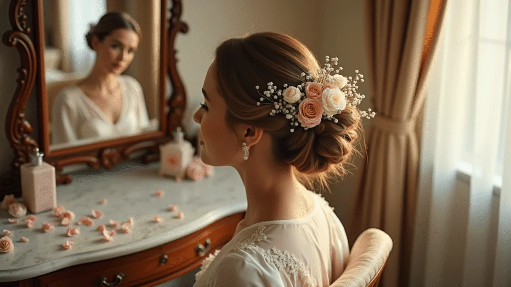 Wedding Hairstyles with Flowers: A Complete Style Guide for Your Big Day Bride seated at a vintage vanity, adorned with garden roses and baby's breath in an intricate updo, morning light filtering through sheer curtains, soft bokeh and warm tones enhance the elegance of the bridal scene.