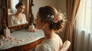 Wedding Hairstyles with Flowers: A Complete Style Guide for Your Big Day Bride seated at a vintage vanity, adorned with garden roses and baby's breath in an intricate updo, morning light filtering through sheer curtains, soft bokeh and warm tones enhance the elegance of the bridal scene.