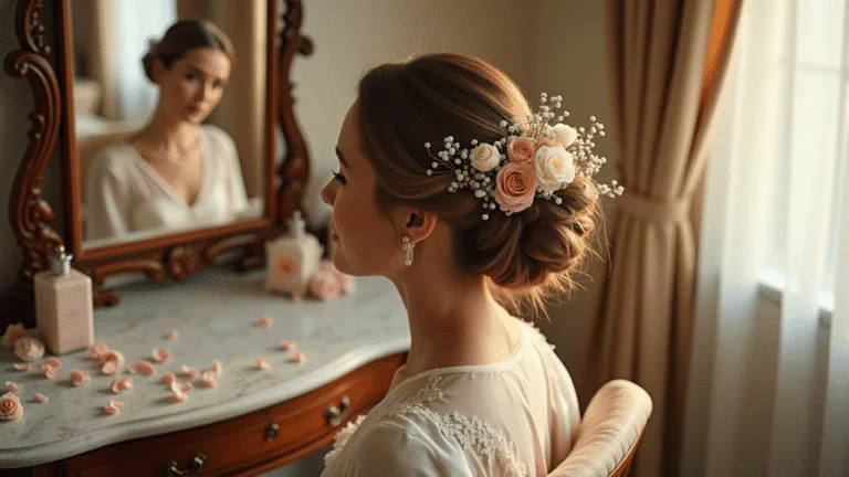 Wedding Hairstyles with Flowers: A Complete Style Guide for Your Big Day Bride seated at a vintage vanity, adorned with garden roses and baby's breath in an intricate updo, morning light filtering through sheer curtains, soft bokeh and warm tones enhance the elegance of the bridal scene.