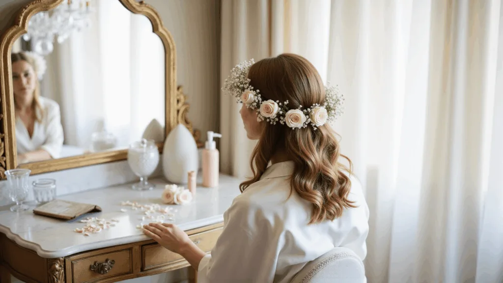 Wedding Hair with Flowers: A Bride's Ultimate Style Guide A bride in an ivory silk robe sits at a marble vanity adorned with a flower crown, surrounded by styling tools and rose petals, illuminated by soft morning light in a luxurious hotel suite.