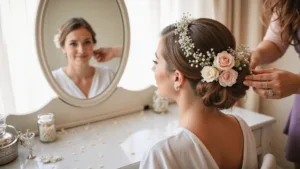 Blooming Brilliance: The Ultimate Guide to Wedding Hair Flowers Bride having her hair styled with fresh roses and pearls at a sunlit vanity, reflected in an ornate mirror; soft-focus floral details captured with a cinematic touch.