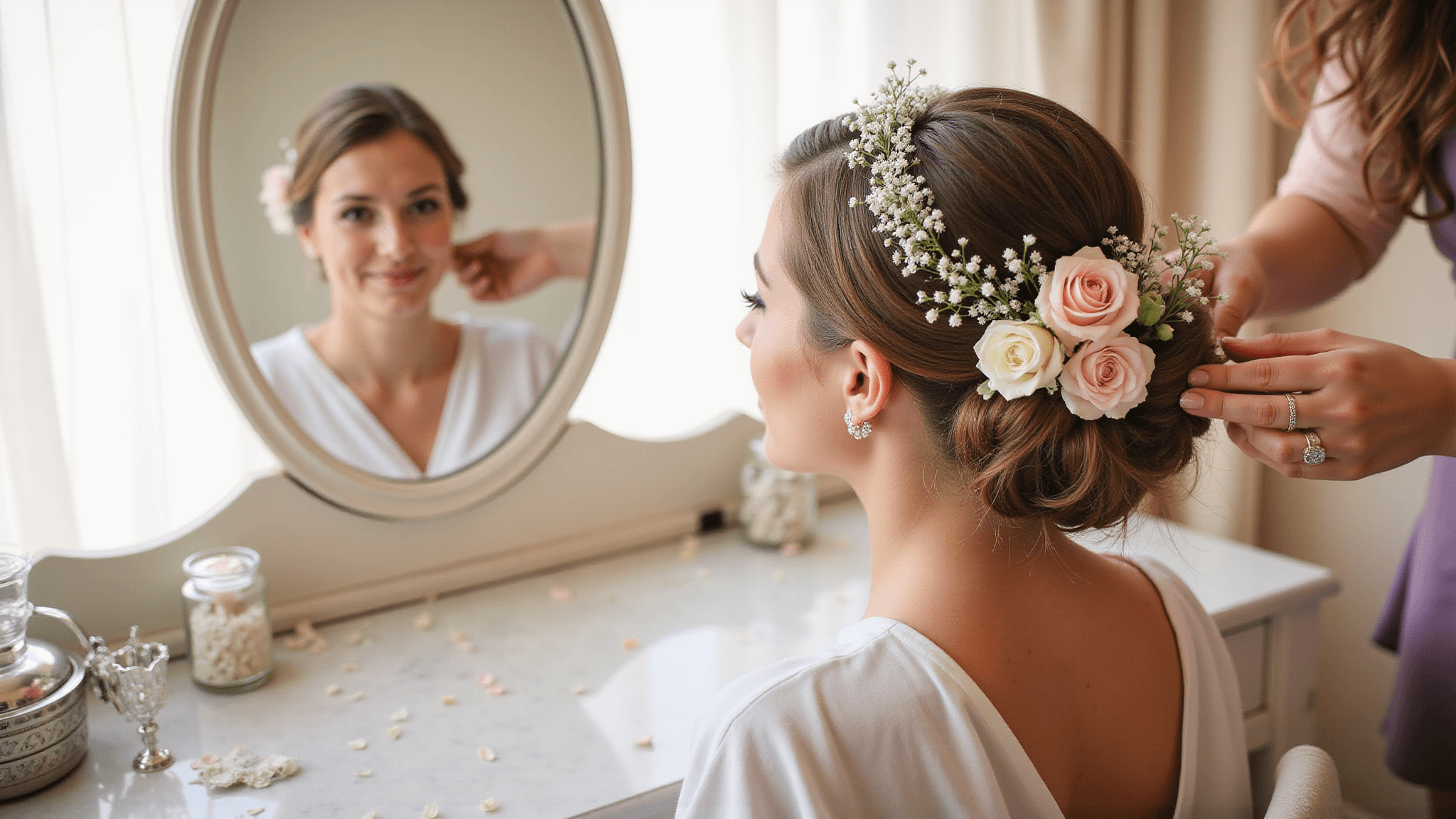 Bride having her hair styled with fresh roses and pearls at a sunlit vanity, reflected in an ornate mirror; soft-focus floral details captured with a cinematic touch.