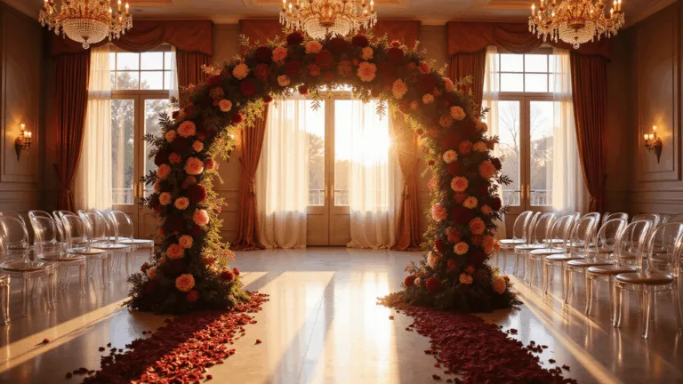 Burgundy Wedding Flowers: The Ultimate Guide to Stunning Floral Elegance Luxurious wedding ceremony set at golden hour featuring a dramatic burgundy floral arch, crystal chandeliers reflecting on marble floors, ghost chairs lining a pearl-white aisle with scattered rose petals, and warm amber light filtering through floor-to-ceiling windows.