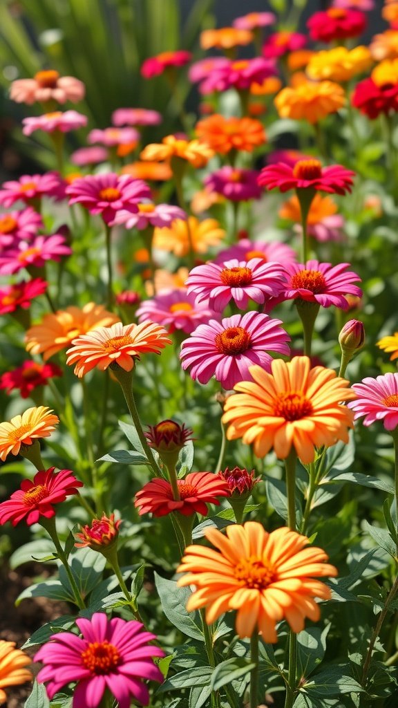 50 Stunning Flower Phone Wallpapers to Brighten Your Screen A colorful patch of blooming zinnias in shades of pink, orange, and yellow with green leaves.
