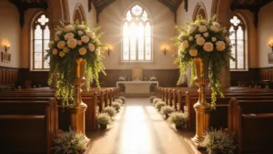 Elevating Your Church Wedding: The Ultimate Guide to Altar Flowers A beautifully illuminated church altar during golden hour, with sunlight filtering through Gothic stained glass windows. The altar is adorned with ultra-detailed floral arrangements on tall brass pedestals, featuring cascading white garden roses, ivory hydrangeas, and trailing English ivy. Rich mahogany pews are lined with baby's breath and champagne silk ribbon bouquets. The scene is captured in a warm amber and cream color palette with soft shadows highlighting the stone walls and carved wood details, emphasizing the dramatic architecture and rich textures.