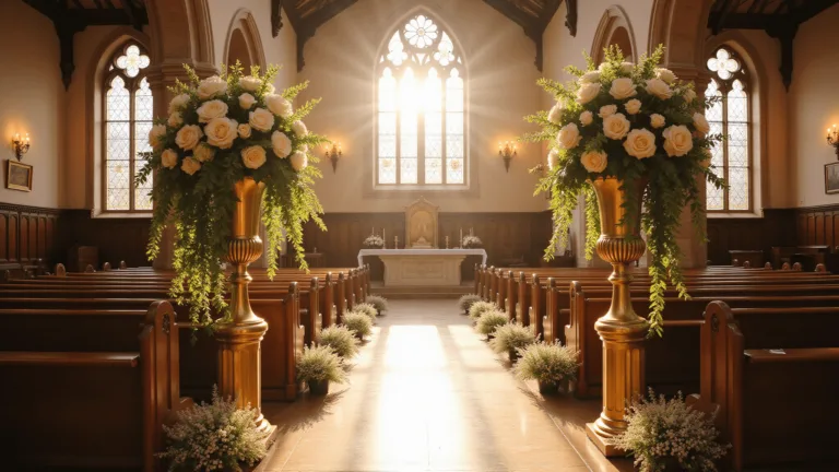 Elevating Your Church Wedding: The Ultimate Guide to Altar Flowers A beautifully illuminated church altar during golden hour, with sunlight filtering through Gothic stained glass windows. The altar is adorned with ultra-detailed floral arrangements on tall brass pedestals, featuring cascading white garden roses, ivory hydrangeas, and trailing English ivy. Rich mahogany pews are lined with baby's breath and champagne silk ribbon bouquets. The scene is captured in a warm amber and cream color palette with soft shadows highlighting the stone walls and carved wood details, emphasizing the dramatic architecture and rich textures.