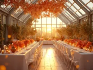 Stunning Citrus Orange Wedding Theme Ideas A luxurious greenhouse wedding reception bathed in golden sunset light, featuring modern acrylic ghost chairs, white farmhouse tables with terracotta vessels of citrus fruits and floral arrangements, brass lanterns with orange candles, and a dramatic ceiling display of dried orange slices and fairy lights, surrounded by potted citrus trees.