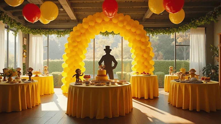 Ultimate Curious George Birthday Party Guide: Monkey Mischief and Fun! A vibrant indoor birthday party scene featuring a grand yellow and red balloon arch, round tables with yellow linens and monkey topiary centerpieces, a towering birthday cake, banana-themed treats, and a collage of Curious George book pages, all illuminated by natural sunlight.