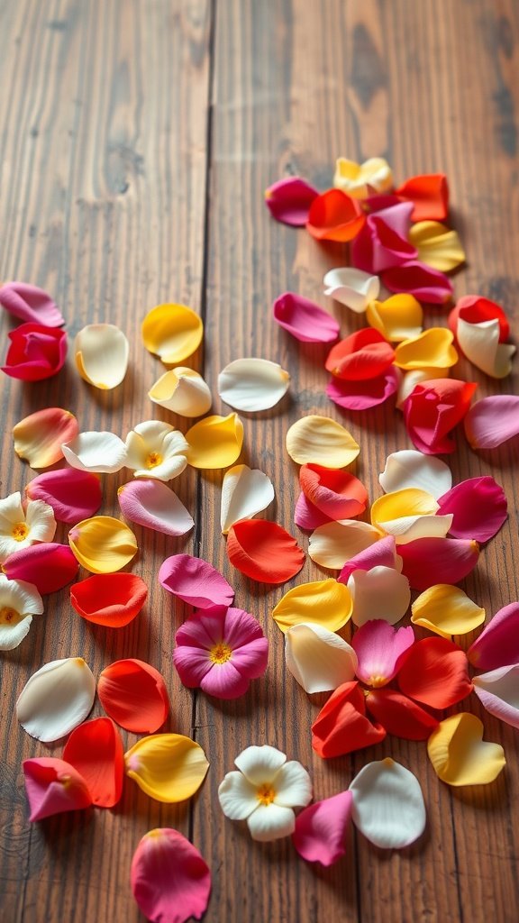 50 Stunning Flower Phone Wallpapers to Brighten Your Screen Colorful flower petals scattered on a wooden surface