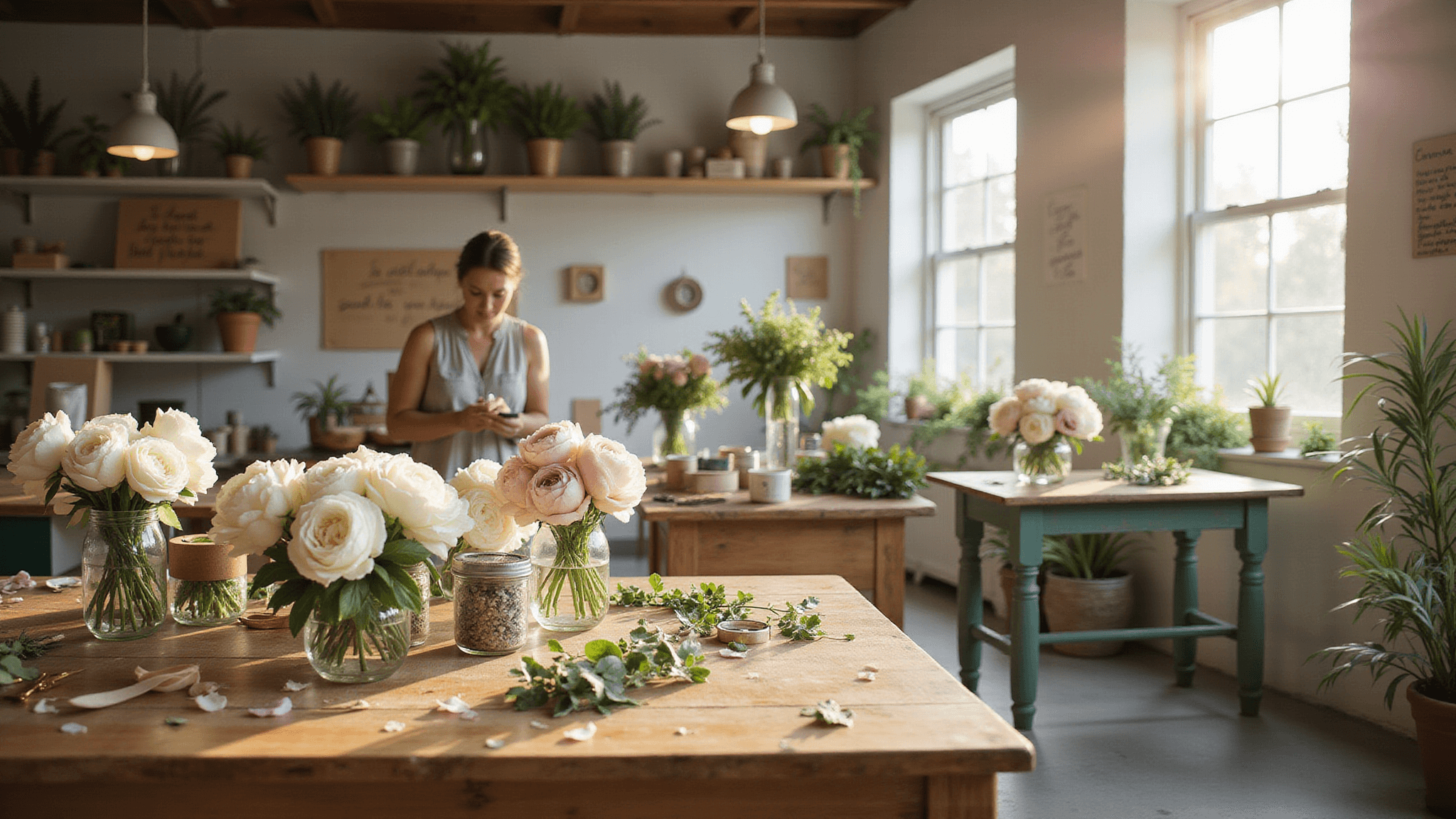 A sunlit loft workspace with vintage wooden workstations adorned with white roses, blush peonies, and eucalyptus, surrounded by floral tools and accessories, bathed in warm natural light from large windows.