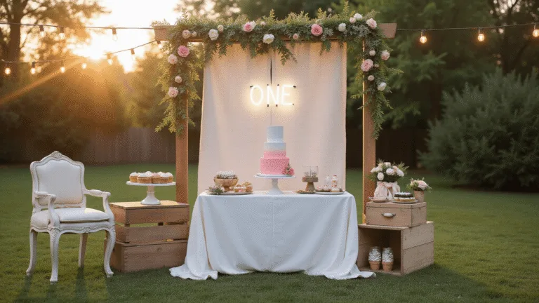 1st Birthday Party Magic: Creating Unforgettable Memories A dreamy backyard first birthday celebration featuring a pastel pink ombré cake on an elegant dessert table, surrounded by vintage wooden crates of cupcakes, a neon "ONE" sign, and an antique high chair, all under soft, warm golden hour light with string lights creating a bokeh effect.