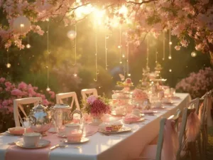 How to Create a Magical Tea for Two Birthday Party A cinematic wide-angle view of a sunlit garden terrace tea party during golden hour, featuring vintage tables with blush silk tablecloths, antique silver teapots, crystal teacups, fairy lights, tiered cake stands with pastries, children's ghost chairs, and ethereal decorations, all set against a magical floral backdrop.
