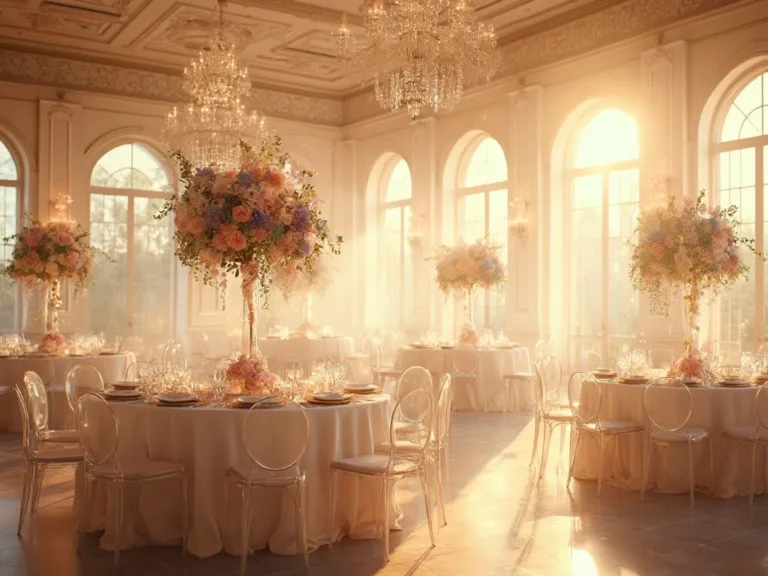 Best Pastel Wedding Ideas with soft hues and Endless Romance A wide-angle view of a luxurious ballroom wedding reception at golden hour, featuring elegant decor with sunlight streaming through large windows.