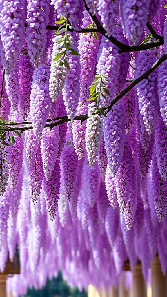 50 Stunning Flower Phone Wallpapers to Brighten Your Screen A beautiful canopy of purple wisteria flowers hanging from branches.