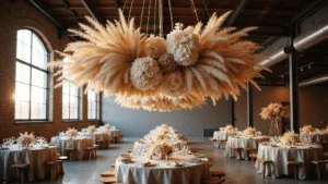 Dried Flower Wedding: 7 Stunning Ways to Infuse Timeless Romance Into Your Big Day Photorealistic image of a grand industrial loft wedding venue at golden hour, featuring a suspended dried flower cloud installation with pampas grass, bleached lunaria, and preserved hydrangeas, illuminated by dramatic side lighting through factory windows, casting shadows on exposed brick walls and wooden beams, with intimate farmhouse tables adorned with natural linen runners and vintage brass candlesticks.