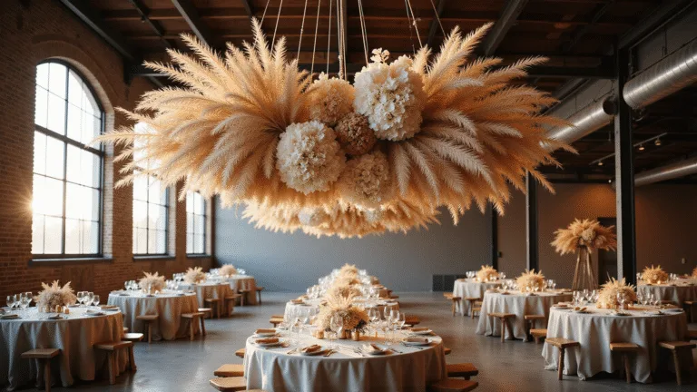 Dried Flower Wedding: 7 Stunning Ways to Infuse Timeless Romance Into Your Big Day Photorealistic image of a grand industrial loft wedding venue at golden hour, featuring a suspended dried flower cloud installation with pampas grass, bleached lunaria, and preserved hydrangeas, illuminated by dramatic side lighting through factory windows, casting shadows on exposed brick walls and wooden beams, with intimate farmhouse tables adorned with natural linen runners and vintage brass candlesticks.