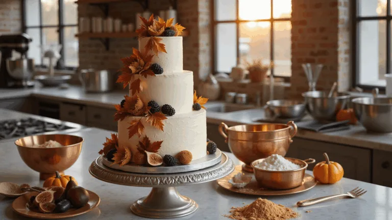 FALL WEDDING CAKE: A SEASONAL MASTERPIECE OF FLAVOR AND DESIGN Photorealistic image of an elegant three-tiered autumn wedding cake with textured ivory buttercream, surrounded by seasonal ingredients and baking tools in a warm, sunlit bakery kitchen.