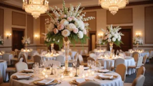 Wedding Table Flowers: The Ultimate Guide to Stunning Centerpieces Elegant ballroom wedding centerpiece with seasonal blooms featuring blush peonies, white garden roses, and sweet peas in a crystal vase, surrounded by greenery, with gold-rimmed table settings and candlelight ambiance.