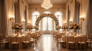 Indoor Wedding Decoration Ideas: Your Ultimate Guide to Creating a Magical Indoor Celebration A grand ballroom wedding ceremony with ivory draped marble columns, crystal chandeliers, blush and cream floral arrangements, gold vessels, champagne linens, a floral arch of roses and peonies, brass candelabras, and warm ambient lighting.
