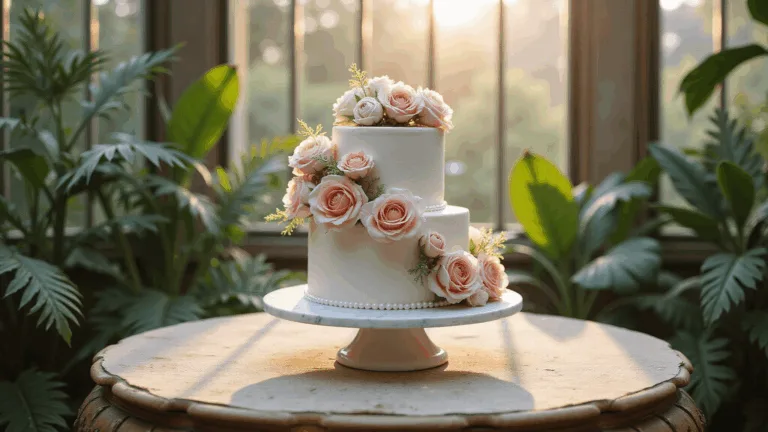 Wedding Cakes With Flowers: A Delicious Design Guide for Your Perfect Celebration Photorealistic three-tiered wedding cake adorned with fresh blush pink and cream roses and peonies, set in a Victorian glass conservatory during golden hour with natural light streaming through ornate windows. The cake, on a marble pedestal atop an antique table with champagne silk linens, is framed by lush tropical plants and ferns, featuring sugar pearl details and soft highlights, captured in a shallow depth of field.
