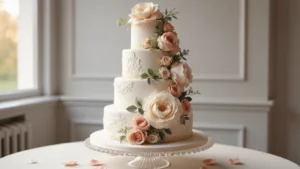 The Ultimate Guide to Wedding Cake Flowers: Stunning Designs That Wow A photorealistic, ultra-detailed 4-tier white wedding cake with cascading blush pink, ivory, and cream peony and garden roses, set against a soft-focus backdrop, featuring sugar-pearled fondant, lace piping, and subtle gold leaf accents, with fresh eucalyptus and dusty miller foliage, on a crystal cake stand.