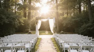 Simple Wedding Decor: Create a Stunning Celebration Without Breaking the Bank A wide-angle shot of a sunlit garden wedding ceremony setup featuring minimalist white wooden chairs, a delicate white fabric arch with eucalyptus garlands, and rose petals lining the aisle, all enveloped in warm golden light.