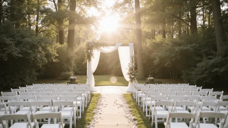 Simple Wedding Decor: Create a Stunning Celebration Without Breaking the Bank A wide-angle shot of a sunlit garden wedding ceremony setup featuring minimalist white wooden chairs, a delicate white fabric arch with eucalyptus garlands, and rose petals lining the aisle, all enveloped in warm golden light.
