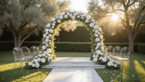 White and Green Wedding Flowers: Your Ultimate Design Guide Photorealistic wedding ceremony setup featuring an elegant 8-foot floral arch of white peonies and garden roses, ghost chairs with baby's breath, a marble platform, and manicured olive trees, all illuminated by warm golden hour light with soft bokeh, captured with cinematic color grading and a professional photography style.