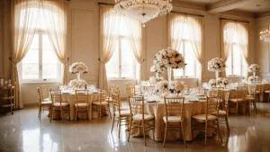 Mastering Event Decor and Photography: The Ultimate Guide to Stunning Visual Storytelling A grand ballroom at golden hour, featuring champagne silk linens on round tables, crystal centerpieces with white orchids and blush roses, gilt Chiavari chairs, a magnificent crystal chandelier, and a vintage brass champagne cart, all bathed in warm natural light.