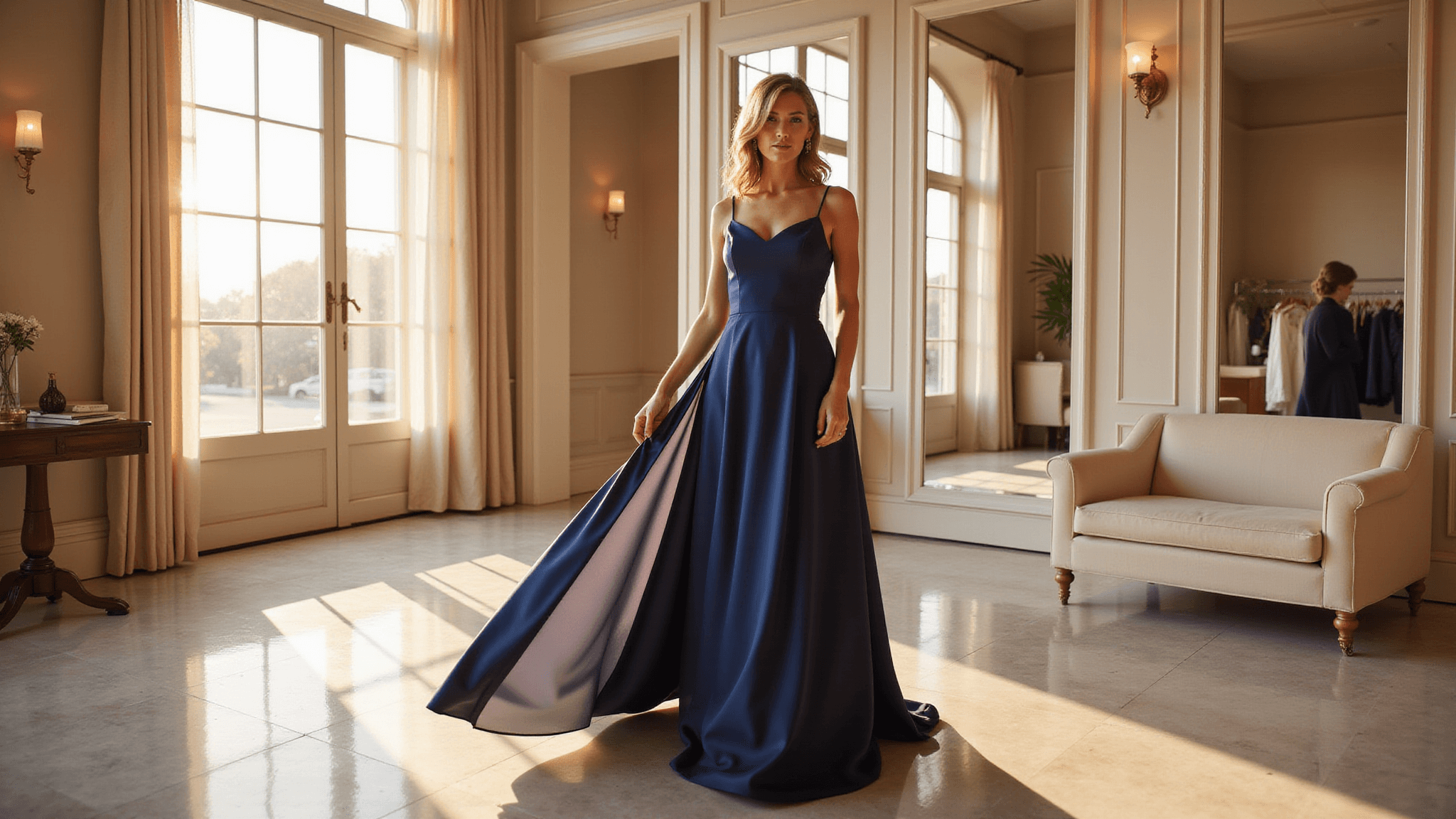 A sophisticated woman in a flowing navy silk floor-length gown stands in a sunlit luxury boutique fitting room, surrounded by mirrors and plush seating, with warm golden hour light illuminating the elegant dress.