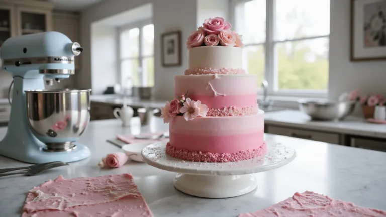 Ultimate Pink Wedding Cake: A Romantic Culinary Masterpiece A 4-tier pink ombre wedding cake being assembled in a sunlit bakery kitchen, featuring deep rose to soft blush gradients, adorned with sugar flowers, edible pearls, and crystallized rose petals on a marble countertop with baking tools.