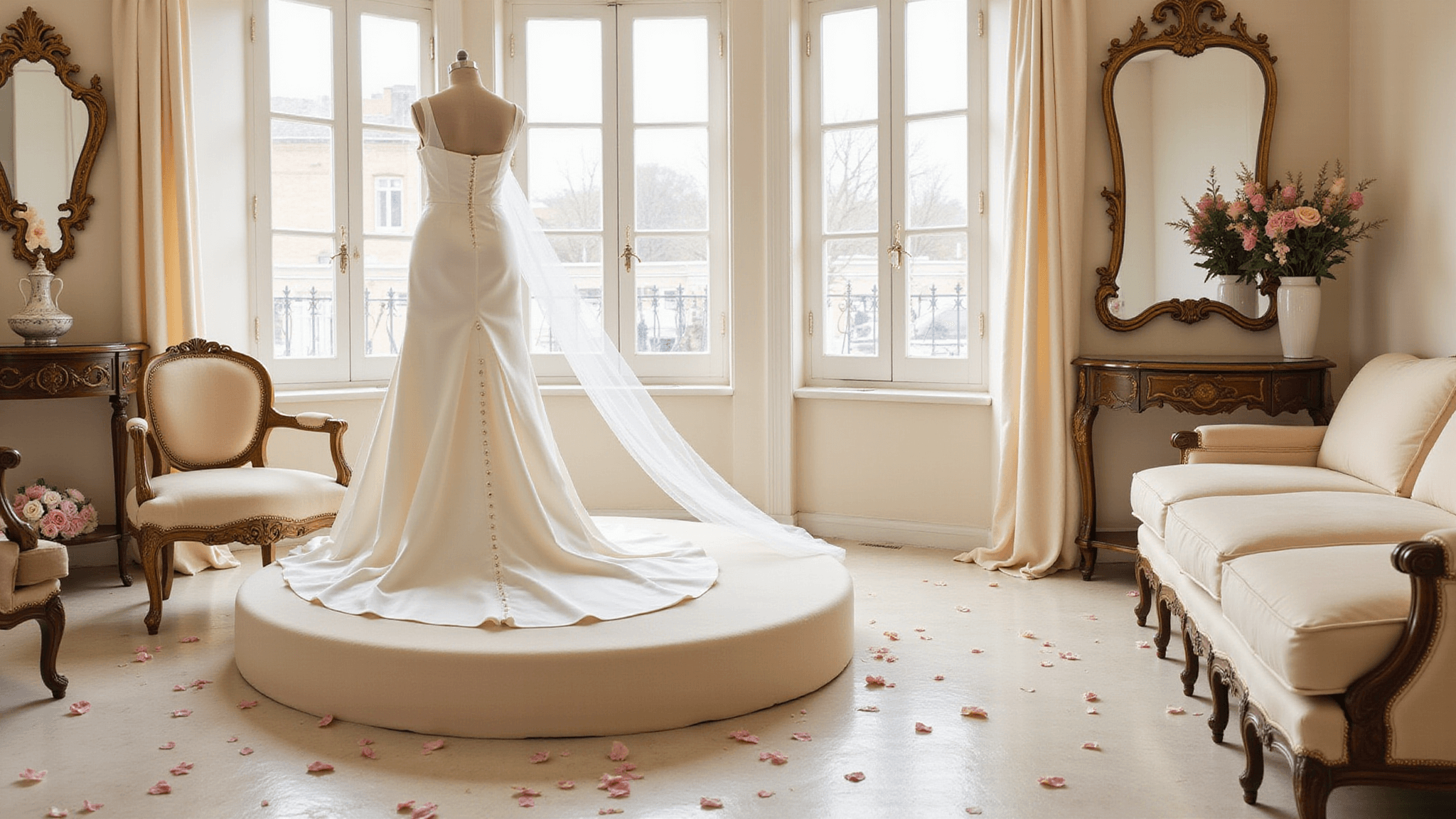 An elegant ivory silk A-line wedding gown with covered buttons displayed on a circular pedestal in a light-filled bridal boutique, complemented by a floating cathedral-length veil, cream velvet furnishings, ornate gold mirrors, and blush rose petals, captured in soft focus.
