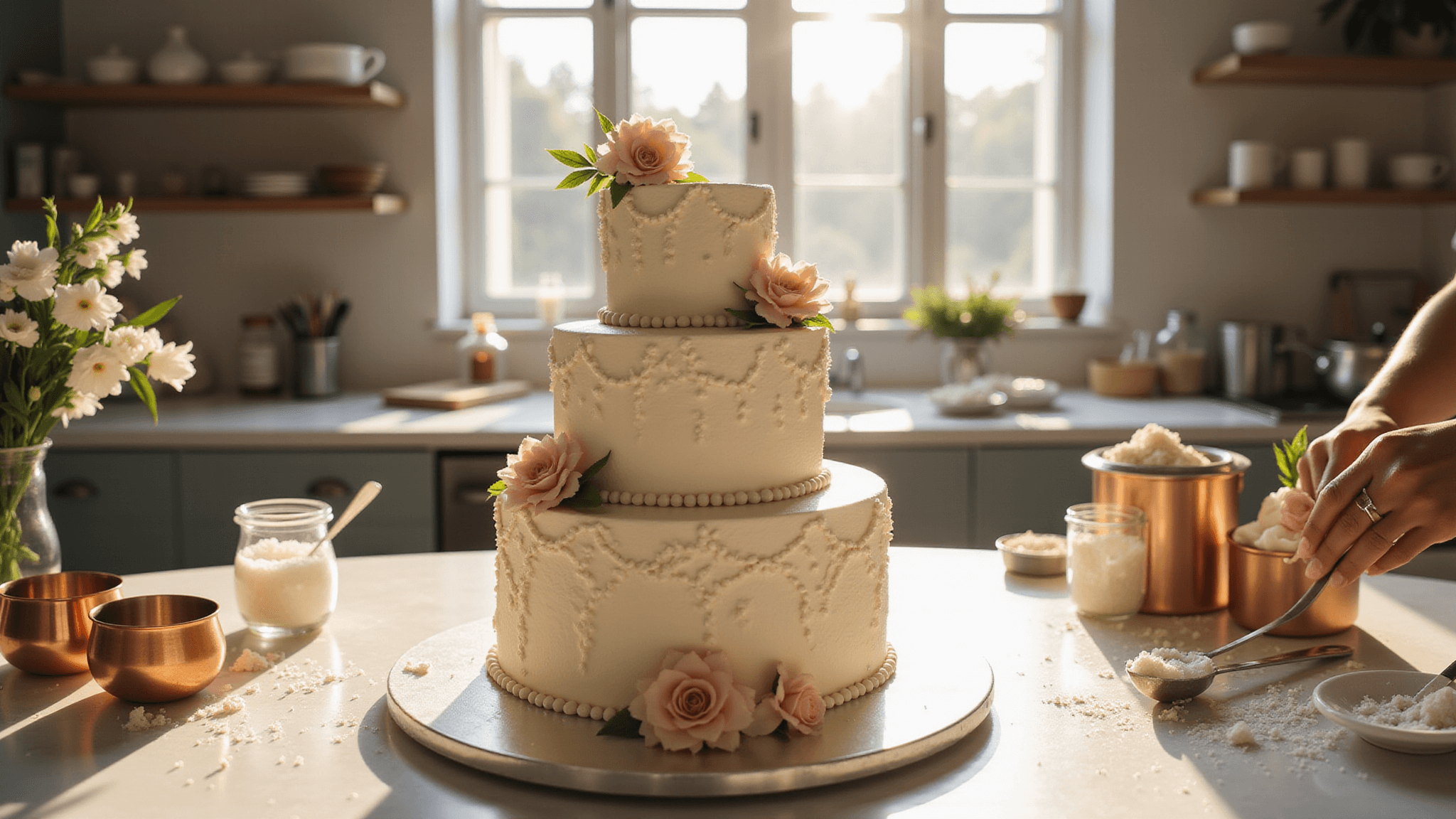 Photorealistic image of a sunlit pastry kitchen showcasing a three-tiered white wedding cake in progress, adorned with intricate royal icing patterns, sugar flowers, and pearl decorations, with the head pastry chef adding final touches amidst organized baking tools and vibrant fresh flowers.