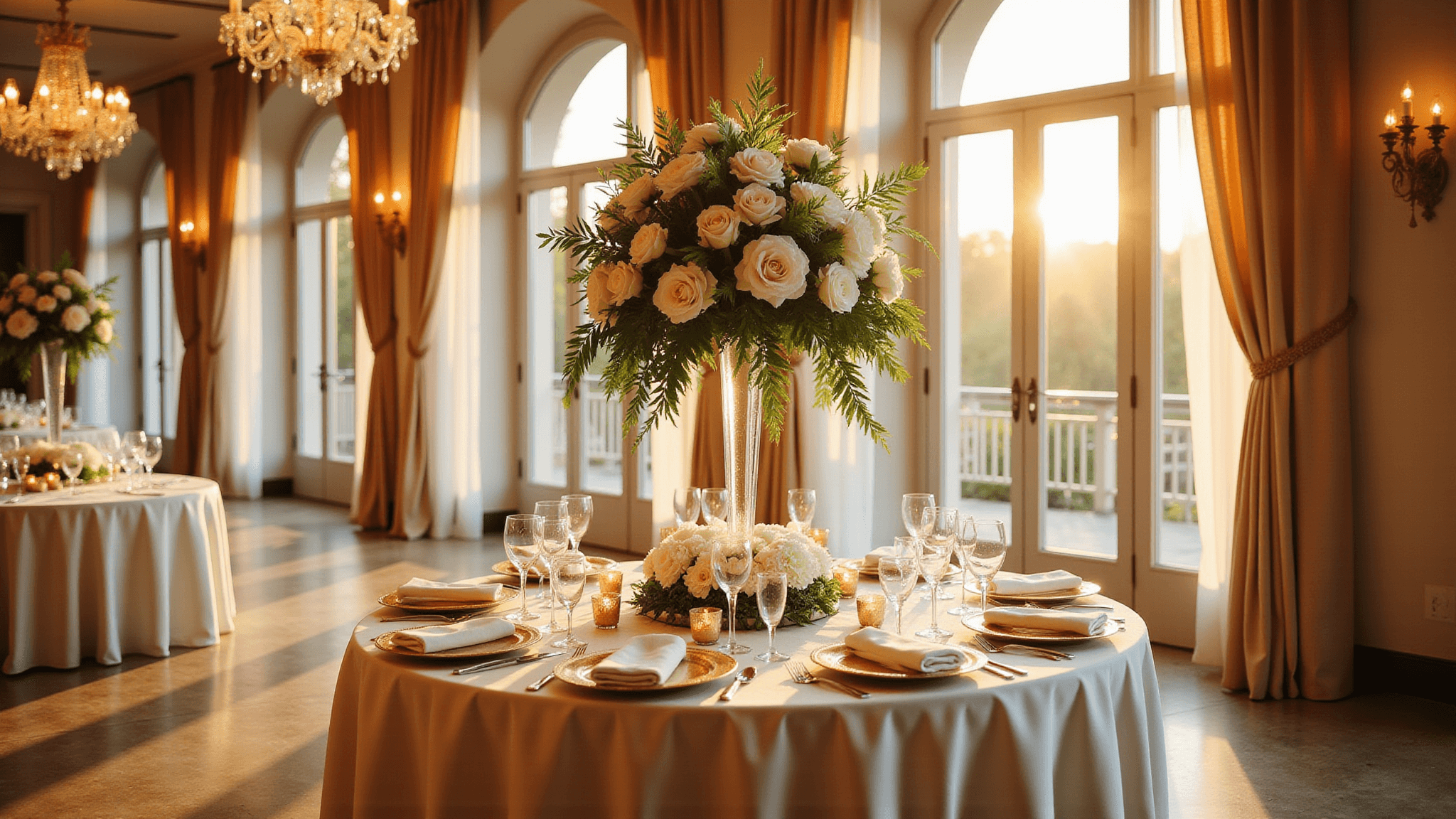 A luxurious wedding reception table in a grand ballroom, featuring a lush floral centerpiece of white garden roses and peonies in a tall crystal vase, set with gold-rimmed plates and crystal stemware, illuminated by warm ambient lighting and natural sunlight, captured with a shallow depth of field.