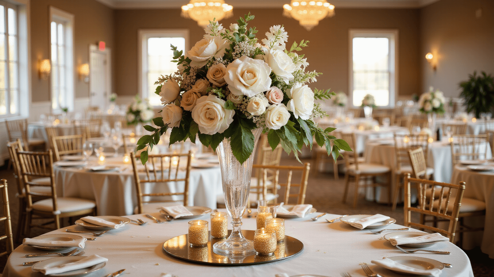 A hyperrealistic photograph of an elegant wedding centerpiece during golden hour, featuring a tall crystal vase with white peonies, blush garden roses, and cascading orchids on an ivory silk tablecloth with mercury glass votives, gold Chiavari chairs, and sparkling crystal chandeliers in a ballroom.