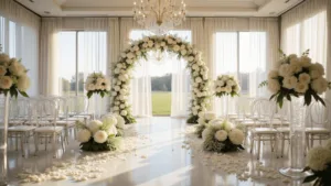 White Flowers for Weddings: A Bride's Ultimate Guide to Timeless Elegance A luxurious ballroom wedding ceremony with a white floral arch of peonies, roses, and baby's breath, set against sunlight-filled windows with drapery and chandeliers; ghost chairs along a marble aisle with rose petals.