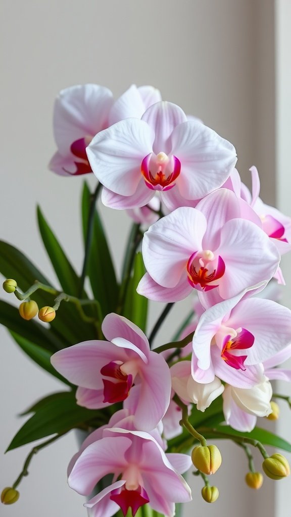 50 Stunning Flower Phone Wallpapers to Brighten Your Screen A vibrant arrangement of pink orchids with delicate petals and green leaves.