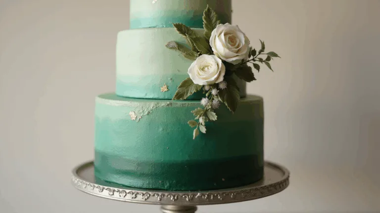 Emerald Dreams: The Ultimate Green Wedding Cake Guide Photorealistic three-tier emerald green wedding cake with gold leaf accents, adorned with white garden roses and sugar flowers, displayed on a silver pedestal against a cream backdrop.