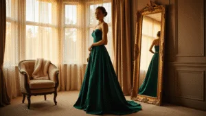 Winter Wedding Guest Fashion: Your Ultimate Guide to Looking Fabulous (While Staying Cozy!) A fashion-forward woman in a floor-length emerald velvet gown stands before a mirror in a warmly lit hotel suite, bathed in golden hour sunlight, with metallic gold stilettos and delicate jewelry, evoking a luxurious atmosphere.