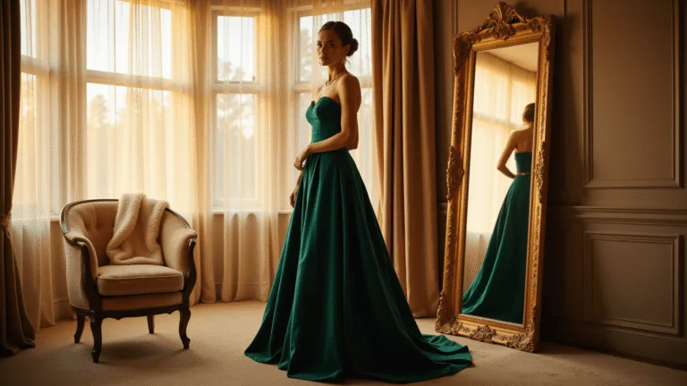 Winter Wedding Guest Fashion: Your Ultimate Guide to Looking Fabulous (While Staying Cozy!) A fashion-forward woman in a floor-length emerald velvet gown stands before a mirror in a warmly lit hotel suite, bathed in golden hour sunlight, with metallic gold stilettos and delicate jewelry, evoking a luxurious atmosphere.